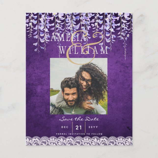 Modern Purple Wisteria Lace Wedding Flyer (Front)
