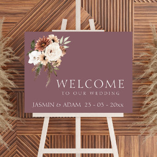 Modern Purple with Peach Flowers Wedding Sign