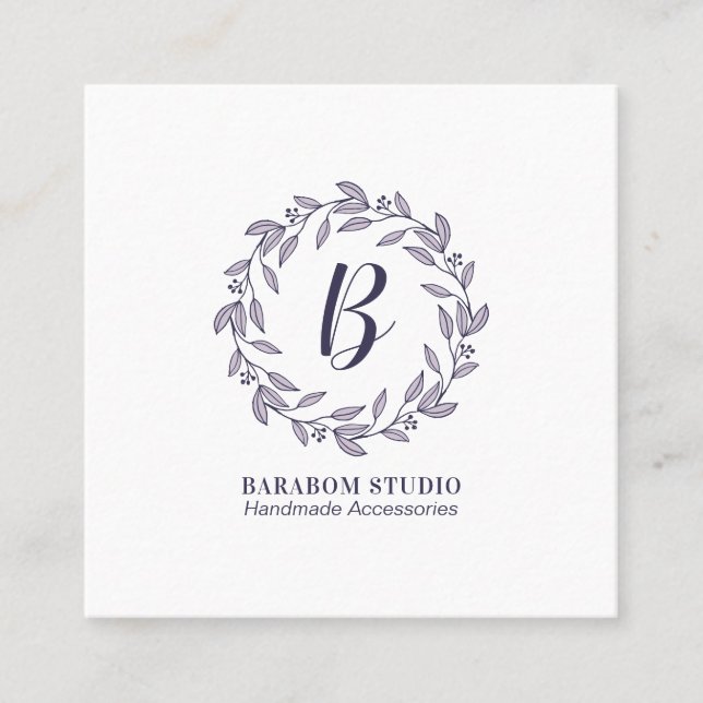 Modern Purple Wreath Monogram Professional Square Business Card (Front)