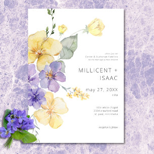 Modern Purple & Yellow Violets Floral Wedding Invitation