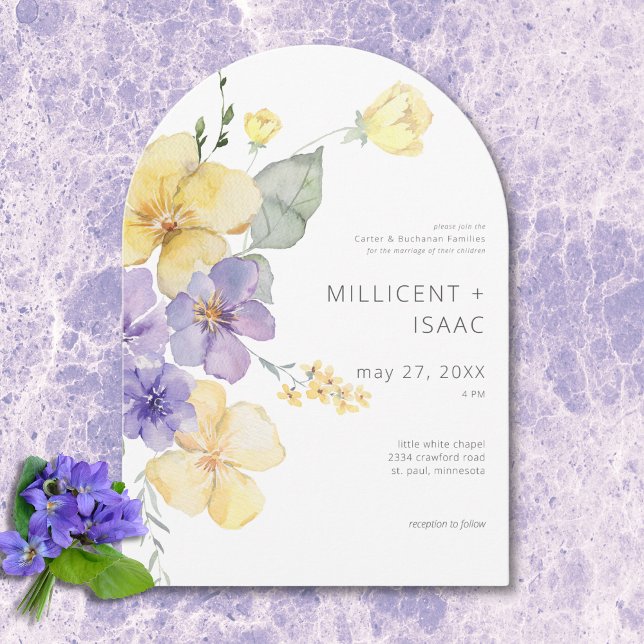 Modern Purple & Yellow Violets Floral Wedding Invitation (Modern Purple & Yellow Violets Floral Wedding Invitation)