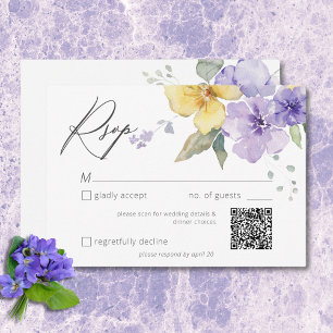 Modern Purple & Yellow Violets Floral Wedding QR RSVP Card