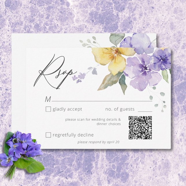 Modern Purple & Yellow Violets Floral Wedding QR RSVP Card (Modern Purple & Yellow Violets Floral Wedding QR RSVP Card)