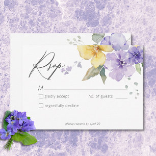 Modern Purple & Yellow Violets Floral Wedding RSVP Card