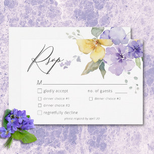 Modern Purple & Yellow Violets Floral Wedding RSVP Card