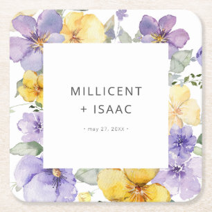 Modern Purple & Yellow Violets Floral Wedding Square Paper Coaster