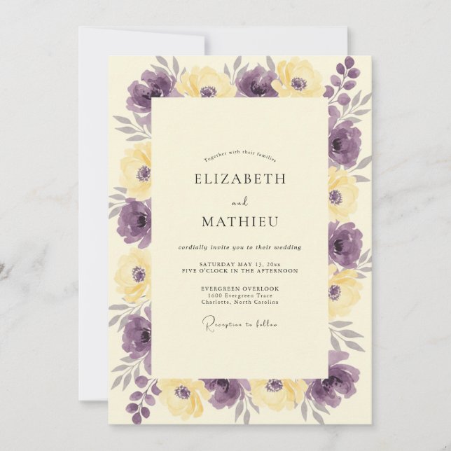 Modern Purple Yellow Wildflower Wedding Invitation (Front)