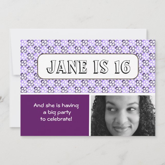 modern purples flower patterned sweet sixteen part invitation (Front)