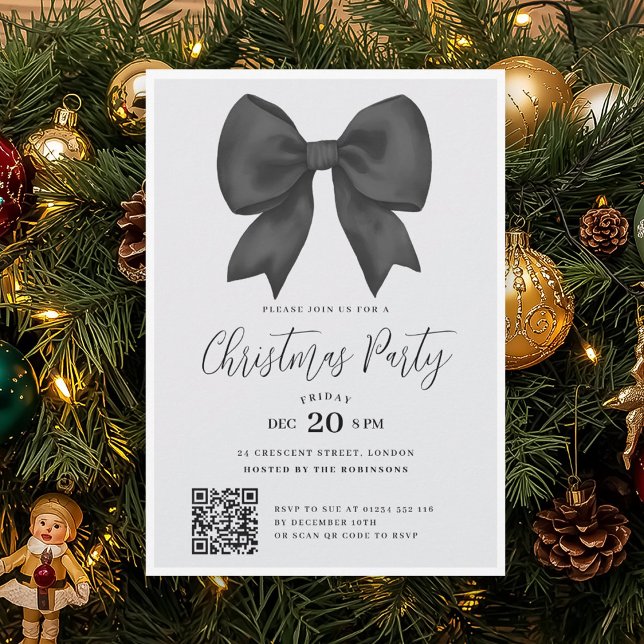 Modern QR Black Holiday Bow Christmas Party Invitation (Modern QR Black Holiday Bow Christmas Party Invitation)