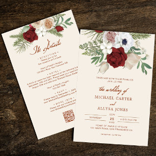 Modern QR Code Beige and Red Floral Budget Wedding Invitation