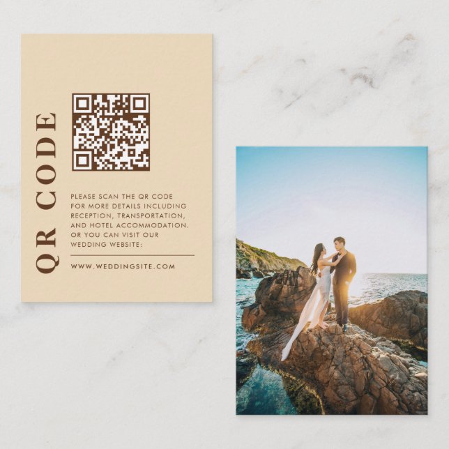 Modern QR Code Beige Wedding Details Photo Enclosure Card (Front/Back)