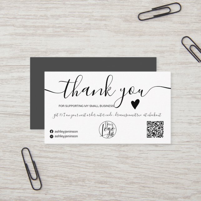 Modern qr code black and white order thank you business card (Front/Back In Situ)