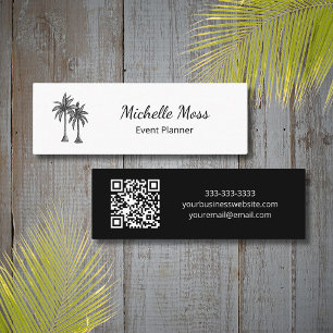 Modern QR code Black White Tropical Palm Trees Mini Business Card