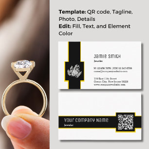 Modern QR Code Black, White, Yellow Accent Jewelle Business Card