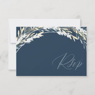 Modern QR Code Blue & Silver Foliage RSVP Wedding Card