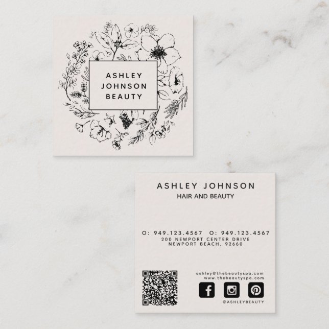Modern QR Code Botanical Blush & Black Square Business Card (Front/Back)