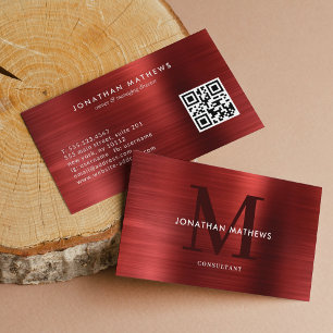 Modern QR Code Brushed Metallic Red Monogram Business Card