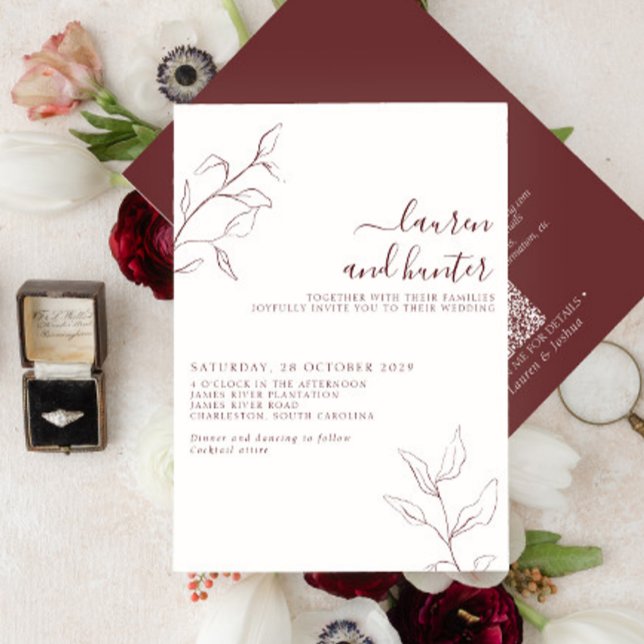 Modern QR Code Burgundy Script Botanical Wedding Invitation (Creator Uploaded)