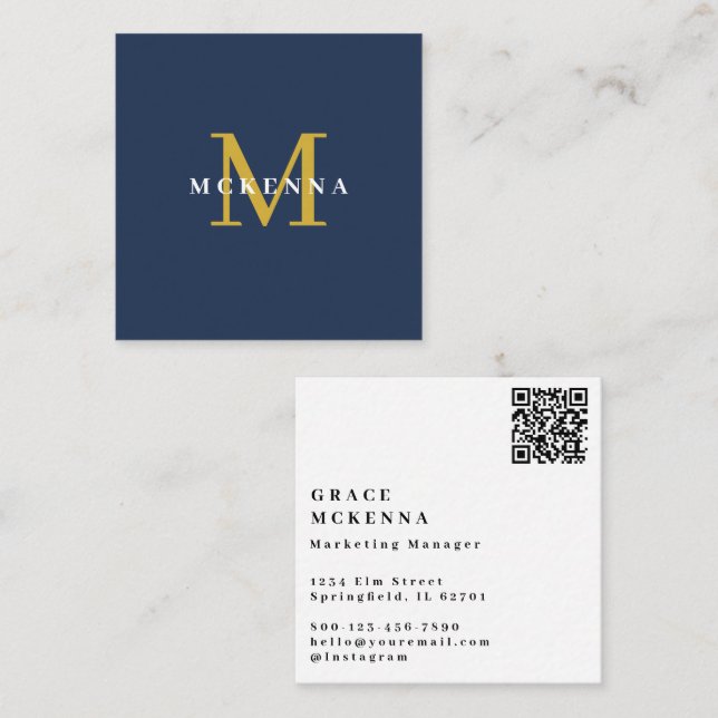 Modern QR Code Business Card Navy Blue and Gold (Front/Back)