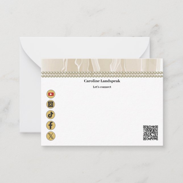 Modern QR Code Champagne Silk Pearls Social Media Card (Front)