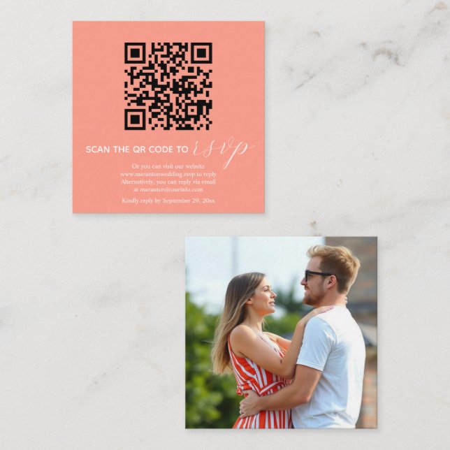 Modern QR code coral wedding  Enclosure Card (Front/Back)