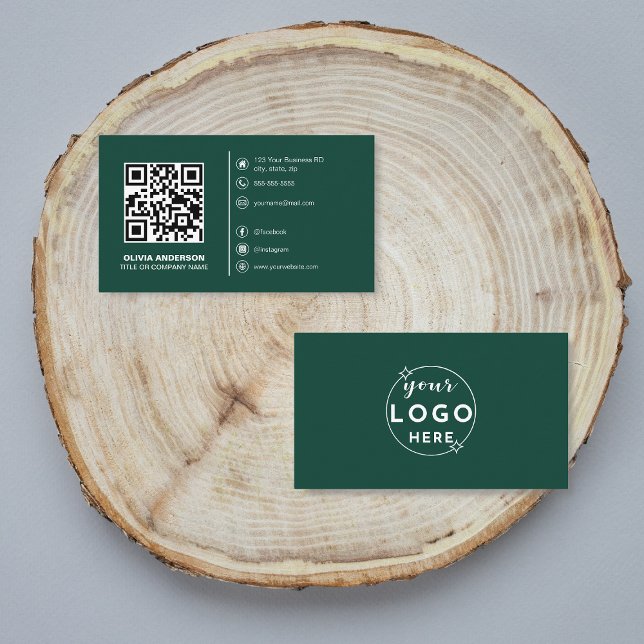 Modern QR Code Custom Logo Social Media Green Business Card (Creator Uploaded)