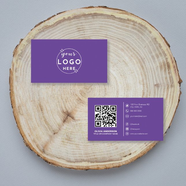 Modern QR Code Custom Logo Social Media Purple Business Card (Creator Uploaded)