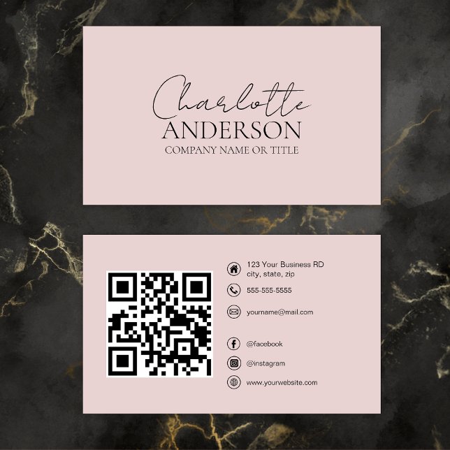 Modern QR Code Custom Social Media Blush Pink Business Card (Creator Uploaded)