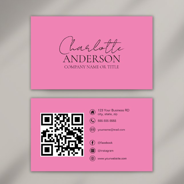 Modern QR Code Custom Social Media Pink Business Card (Creator Uploaded)