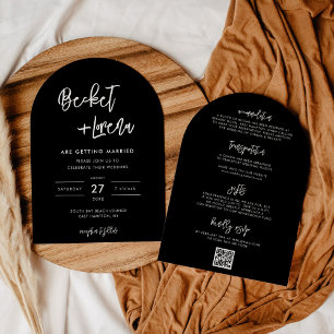 Modern QR code & details Black Arch Wedding Invitation