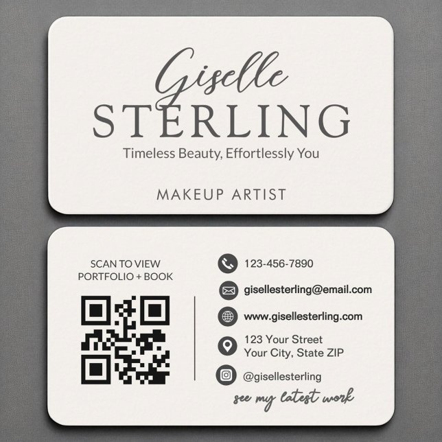  Modern QR Code Elegant Ivory White Script  Business Card (Creator Uploaded)