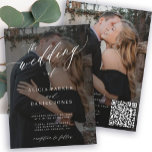 Modern QR CODE elegant script 2 photos wedding Invitation<br><div class="desc">Elegant trendy photo all in one wedding invitation with "the wedding of" white text and black overlay featuring a chic calligraphy script. Personalize it with your 2 photos and your scanning QR CODE (automatically generated with your URL link) to website for RSVP online and more details. This timeless wedding invite...</div>