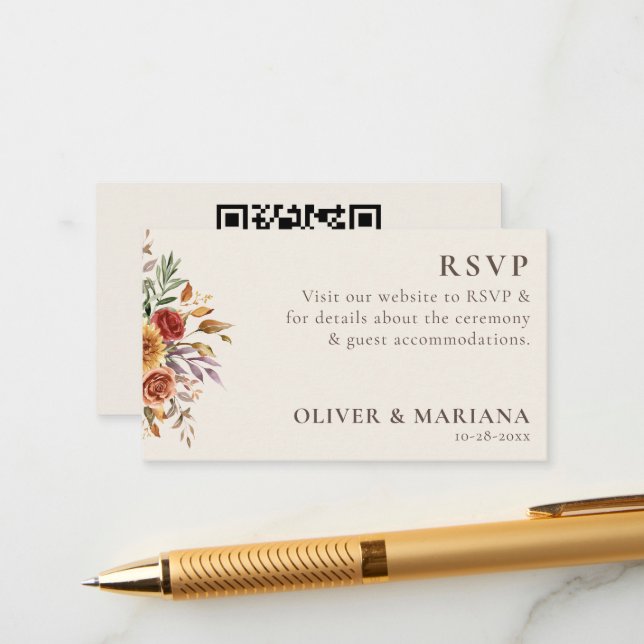 Modern QR Code Fall Foliage Floral Ivory Wedding Enclosure Card (Front/Back In Situ)