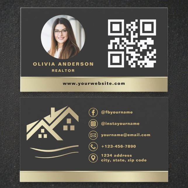 Modern QR Code Gold House Real Estate Realtor Business Card (Creator Uploaded)