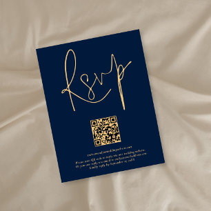 Modern QR Code Gold Navy Blue Script Wedding RSVP Card