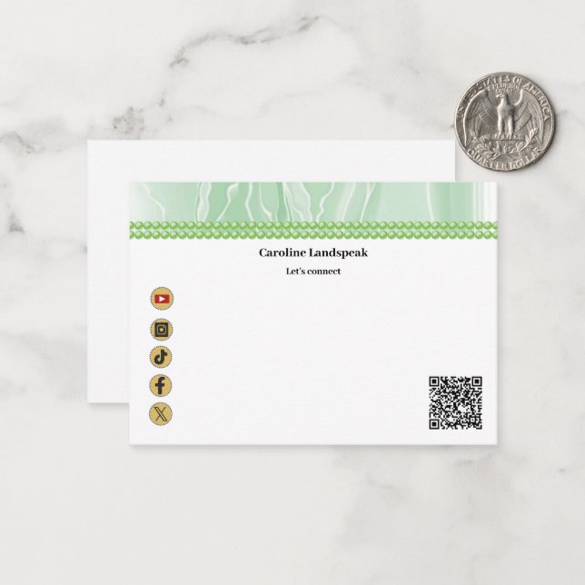 Modern QR Code Green Silk Pearls Social Media Card (Front/Back In Situ)