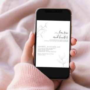 Modern QR Code Grey White Script Botanical Wedding Invitation