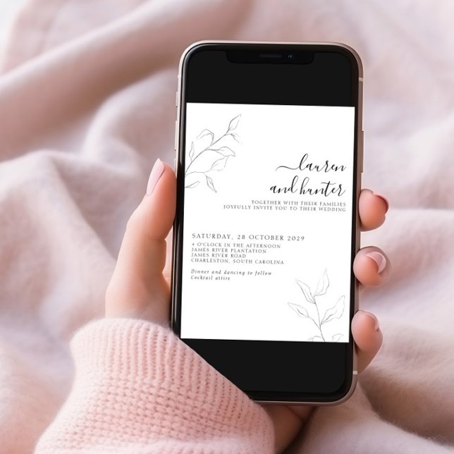 Modern QR Code Grey White Script Botanical Wedding Invitation (Creator Uploaded)