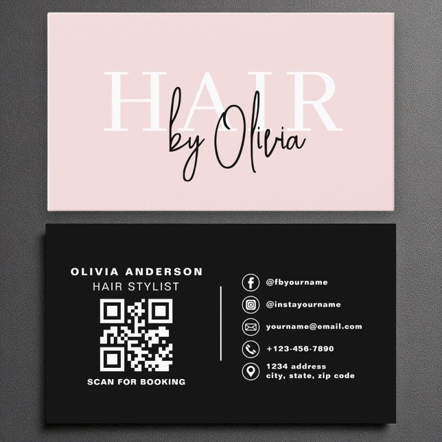 Modern QR Code Hair Stylist Blush Pink Typography  Business Card (Creator Uploaded)