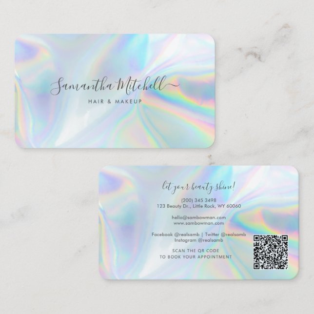 Modern QR Code Holographic Makeup Stylist Business Card (Front/Back)