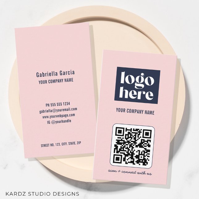 Modern QR Code Logo Pink Business Card (Vertical business card with QR Code, pink and black, add your info in personalize this template.)