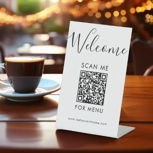 Modern QR Code Menu Black and White Scan Me Cafe Pedestal Sign