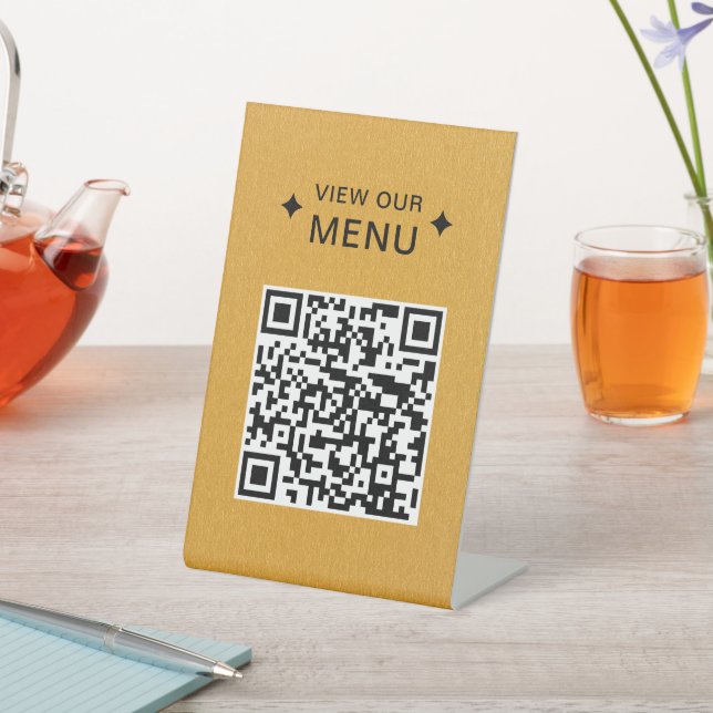 Modern QR Code Menus for Restaurants Gold Pedestal Sign (In SItu)