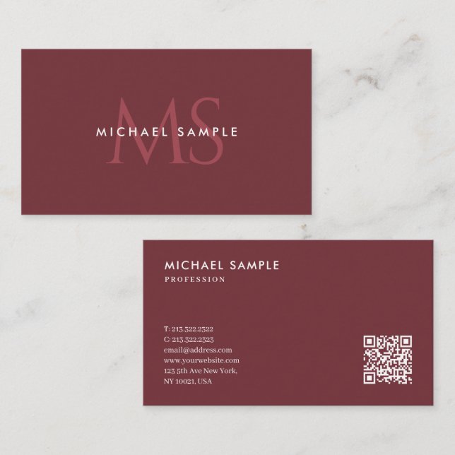 Modern QR Code Monogram Elegant Wine Professional Business Card (Front/Back)