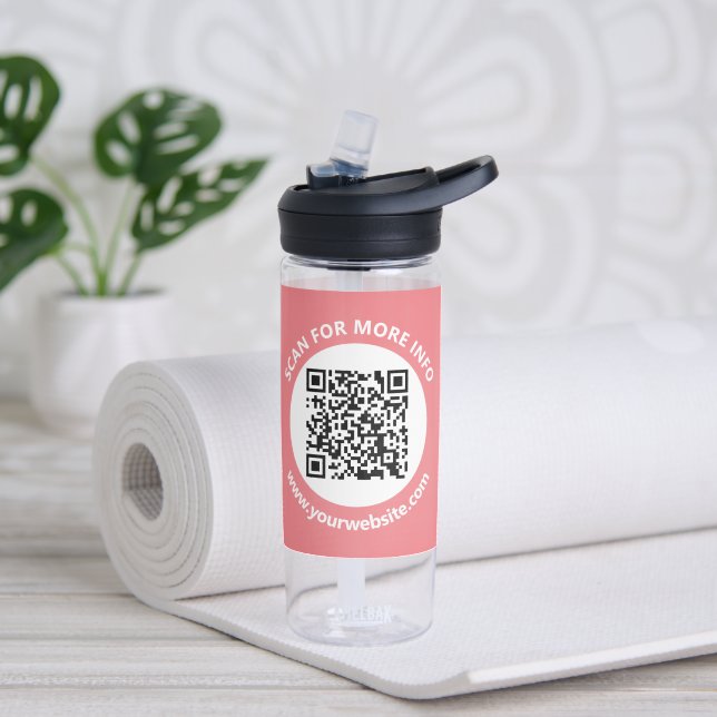 Modern QR Code, personalised Text, Pink & White Water Bottle (Yoga)