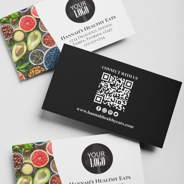 Modern QR Code Photo and Logo Black Business Card (With a scannable QR code and social media icons. )
