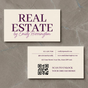 Modern QR Code Plum Real Estate Agent Business Card