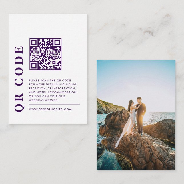 Modern QR Code Purple Wedding Details Photo Enclosure Card (Front/Back)