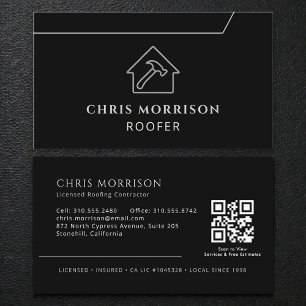 Modern QR Code Roofing Roofer Company Black Business Card