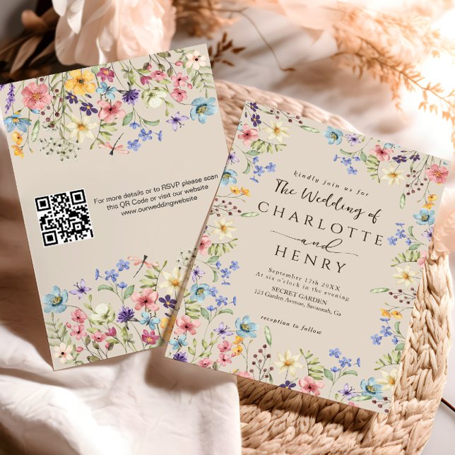  Modern QR Code Rustic Simple Wildflower Wedding  Invitation (Creator Uploaded)